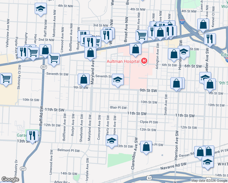 map of restaurants, bars, coffee shops, grocery stores, and more near 2800 9th Street Southwest in Canton