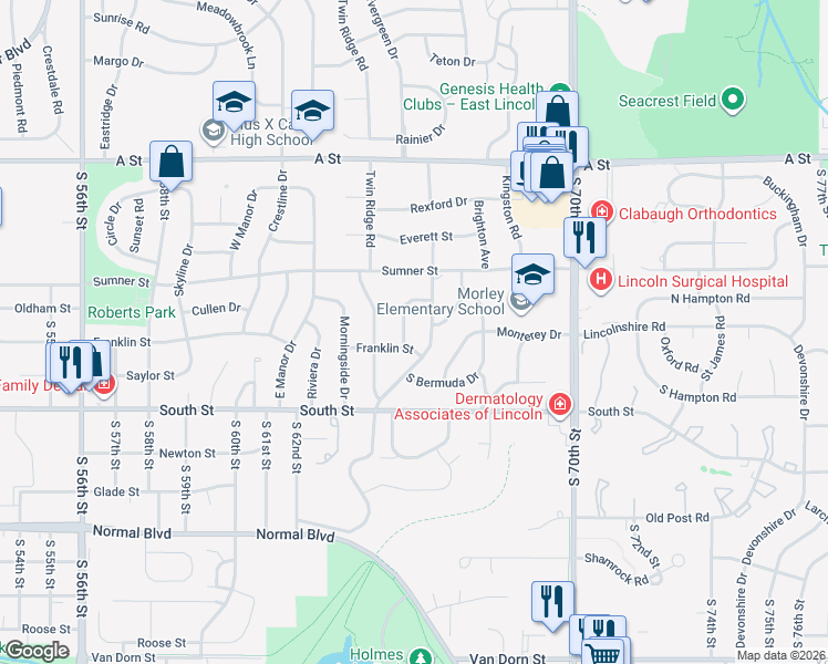 map of restaurants, bars, coffee shops, grocery stores, and more near 1840 Rusty Lane in Lincoln