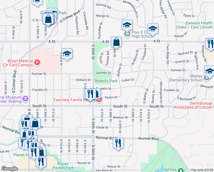 map of restaurants, bars, coffee shops, grocery stores, and more near 5730 Franklin Street in Lincoln