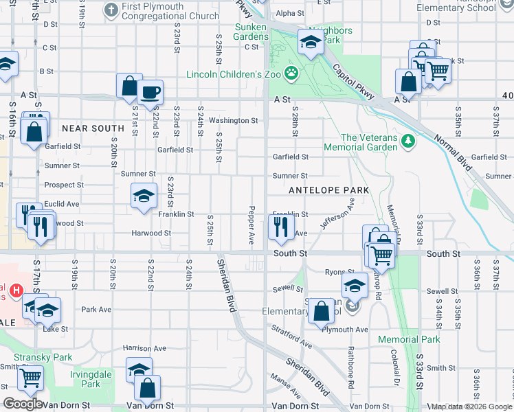 map of restaurants, bars, coffee shops, grocery stores, and more near 1835 South 27th Street in Lincoln