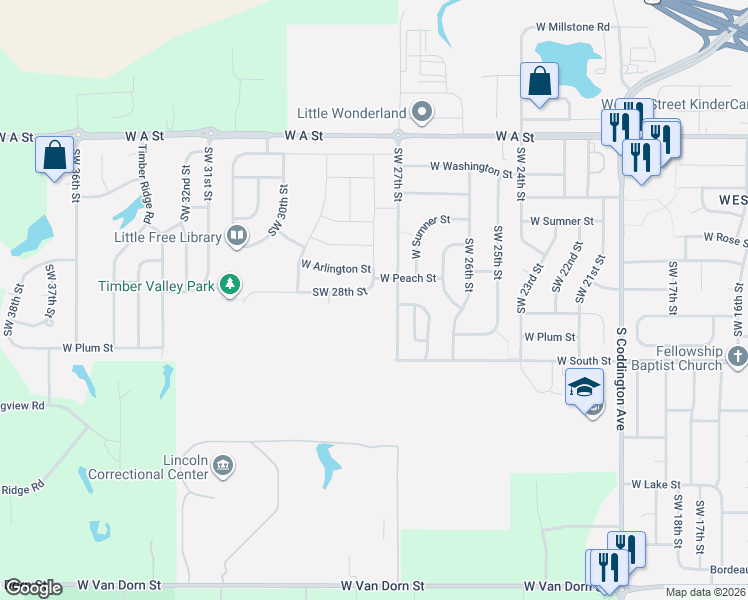 map of restaurants, bars, coffee shops, grocery stores, and more near 2817 West Peach Street in Lincoln
