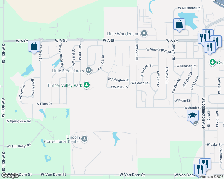 map of restaurants, bars, coffee shops, grocery stores, and more near 2905 West Peach Street in Lincoln