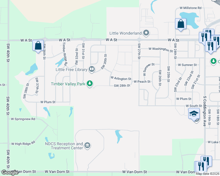 map of restaurants, bars, coffee shops, grocery stores, and more near 2951 West Peach Street in Lincoln