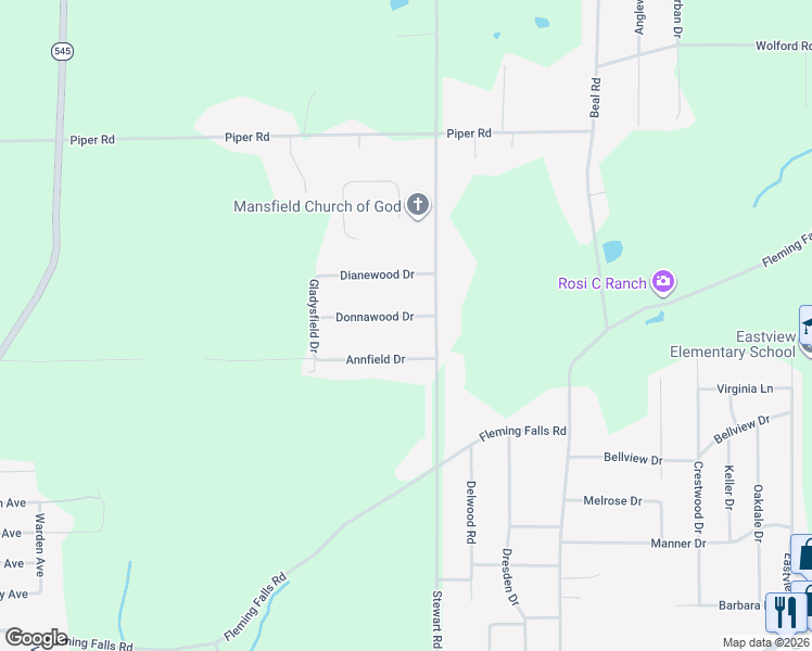 map of restaurants, bars, coffee shops, grocery stores, and more near 1040 Donnawood Drive in Mansfield