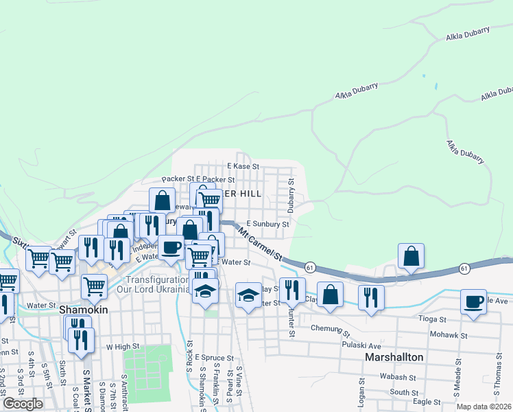 map of restaurants, bars, coffee shops, grocery stores, and more near 813 East Dewart Street in Shamokin