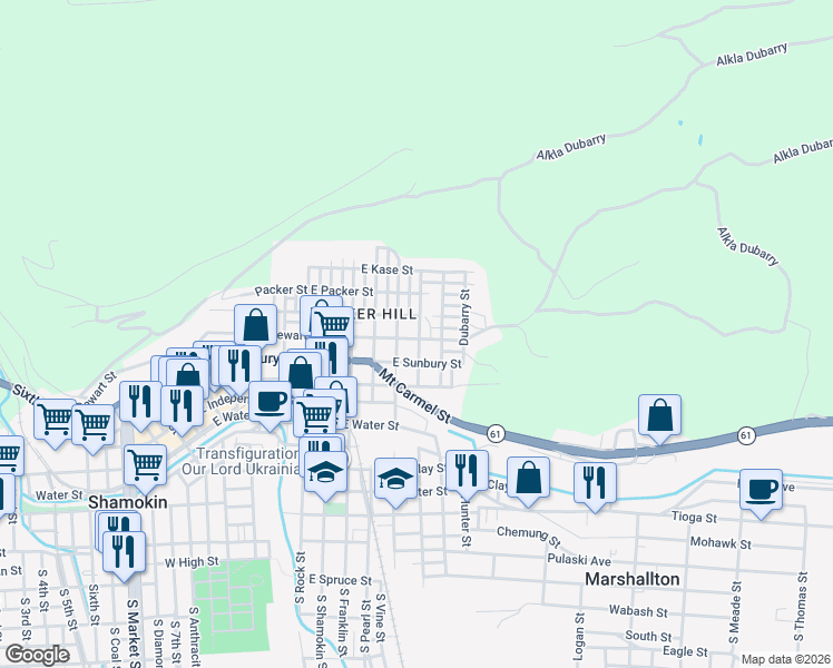 map of restaurants, bars, coffee shops, grocery stores, and more near 813 East Dewart Street in Shamokin