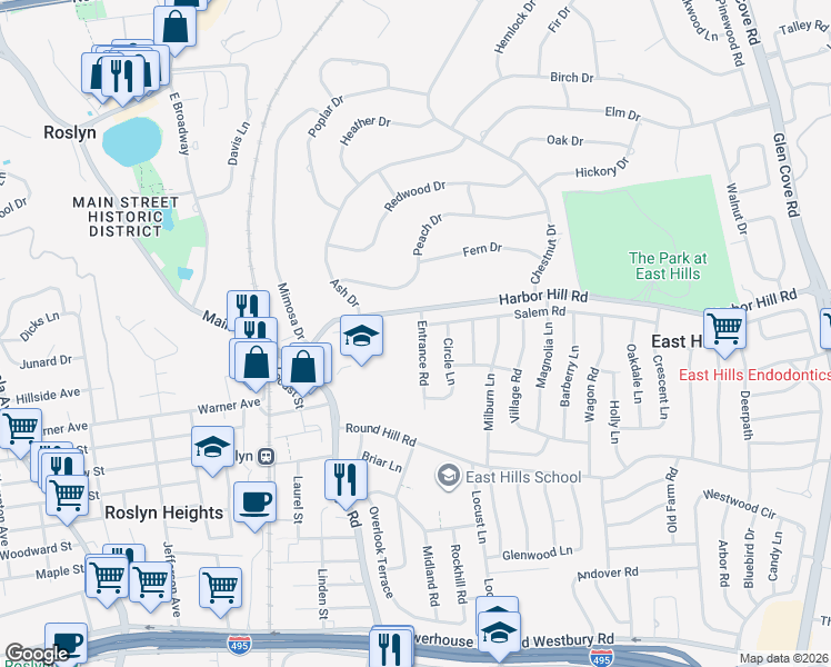 map of restaurants, bars, coffee shops, grocery stores, and more near 11 Entrance Road in Roslyn Heights