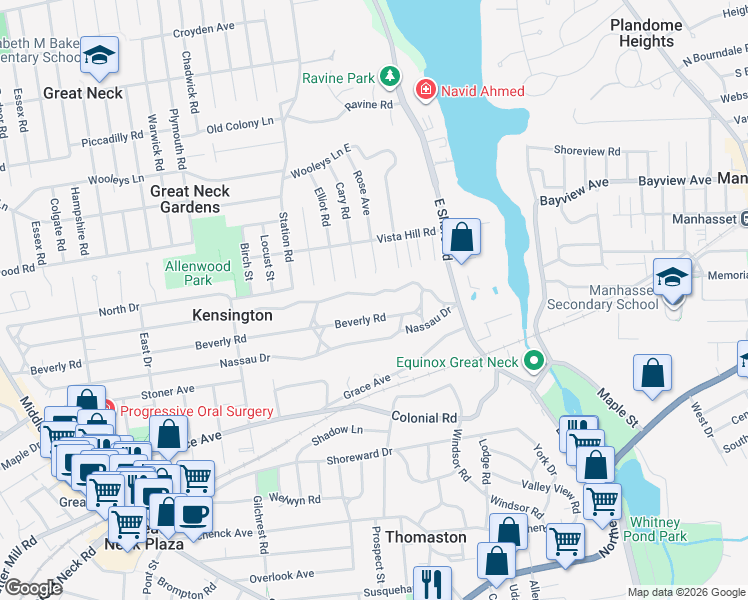 map of restaurants, bars, coffee shops, grocery stores, and more near 76 Arleigh Road in Great Neck