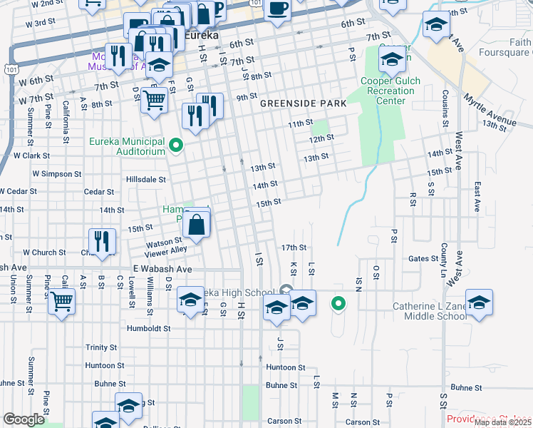 map of restaurants, bars, coffee shops, grocery stores, and more near 1526 J Street in Eureka