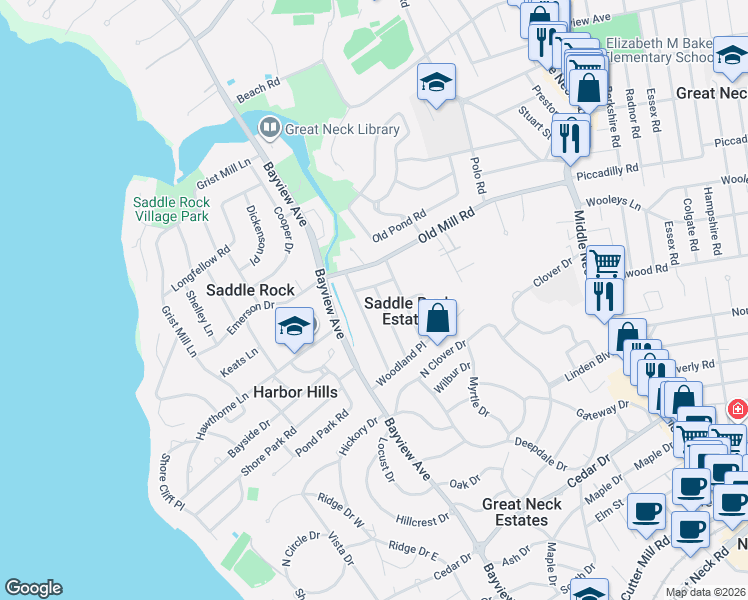 map of restaurants, bars, coffee shops, grocery stores, and more near 4 Robin Way in Great Neck