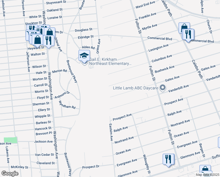 map of restaurants, bars, coffee shops, grocery stores, and more near 2 Bushwick Avenue in Brentwood