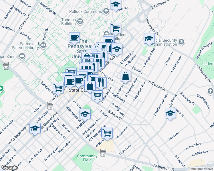 map of restaurants, bars, coffee shops, grocery stores, and more near 232 East Foster Avenue in State College
