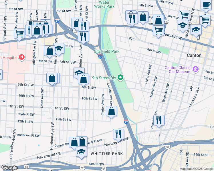 map of restaurants, bars, coffee shops, grocery stores, and more near 729 Camden Avenue Southwest in Canton