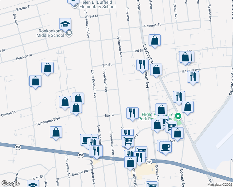 map of restaurants, bars, coffee shops, grocery stores, and more near 1982 Julia Goldbach Avenue in Ronkonkoma