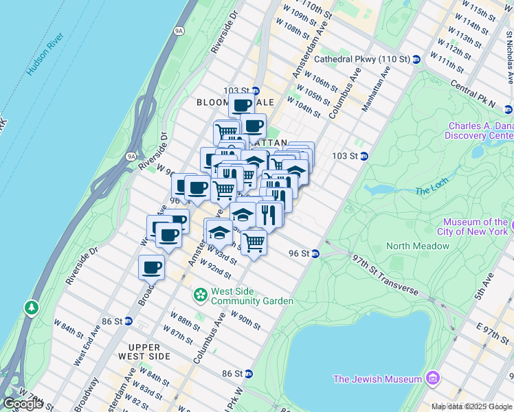 map of restaurants, bars, coffee shops, grocery stores, and more near 120 West 97th Street in New York