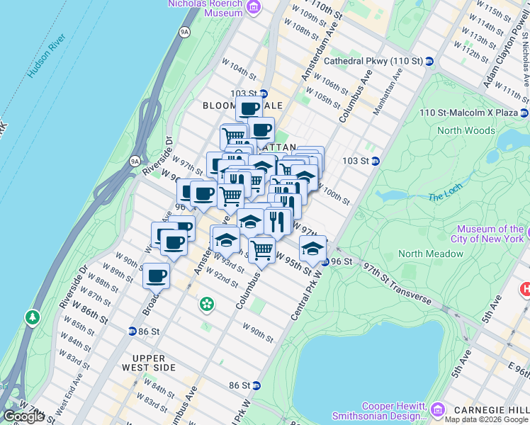 map of restaurants, bars, coffee shops, grocery stores, and more near 120 West 97th Street in New York