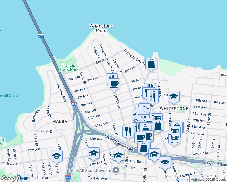 map of restaurants, bars, coffee shops, grocery stores, and more near 7-12 149th Street in Queens