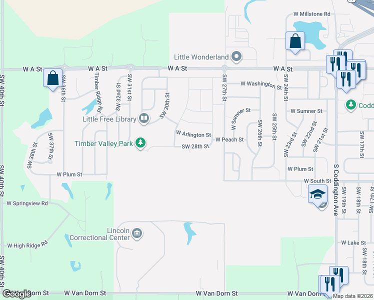 map of restaurants, bars, coffee shops, grocery stores, and more near 2905 West Peach Street in Lincoln