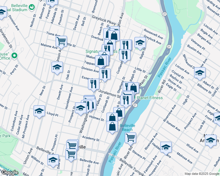 map of restaurants, bars, coffee shops, grocery stores, and more near 383 Cortlandt Street in Belleville