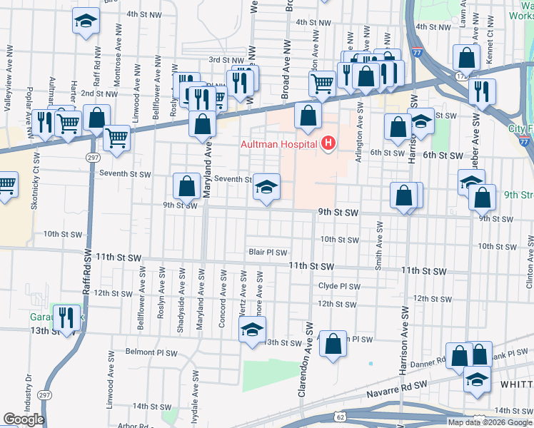 map of restaurants, bars, coffee shops, grocery stores, and more near 2800 9th Street Southwest in Canton