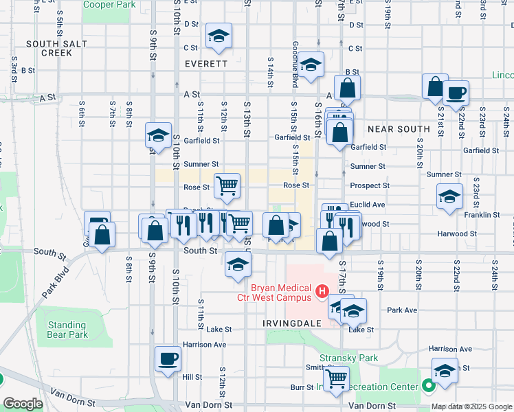 map of restaurants, bars, coffee shops, grocery stores, and more near 1320 Peach Street in Lincoln
