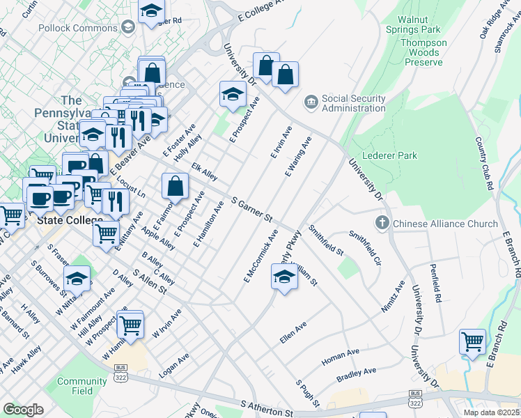 map of restaurants, bars, coffee shops, grocery stores, and more near 815 South Garner Street in State College