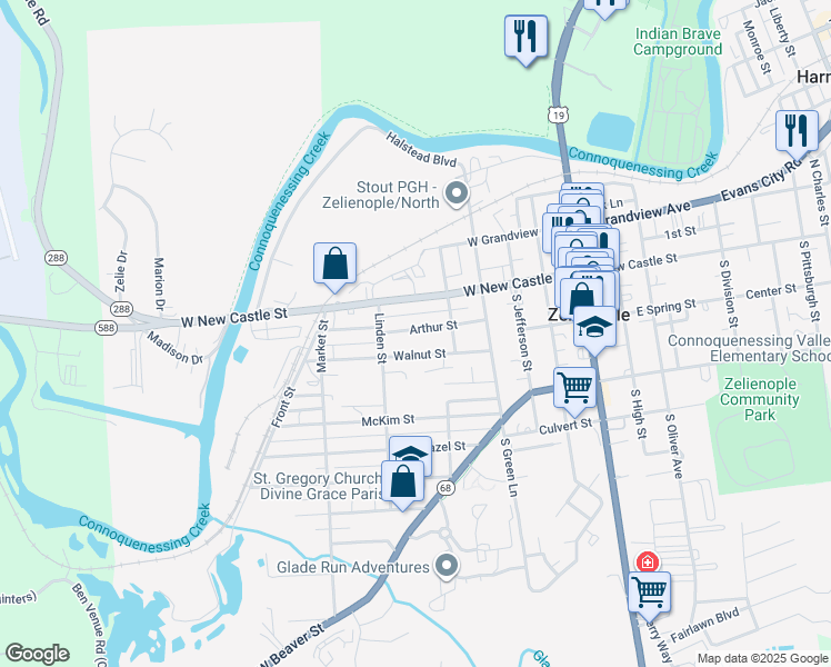 map of restaurants, bars, coffee shops, grocery stores, and more near 240 Arthur Street in Zelienople