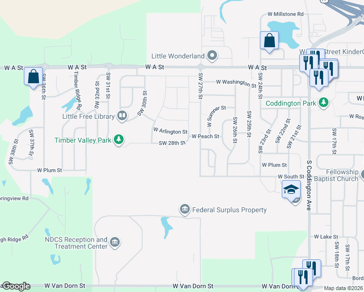 map of restaurants, bars, coffee shops, grocery stores, and more near 2817 West Peach Street in Lincoln