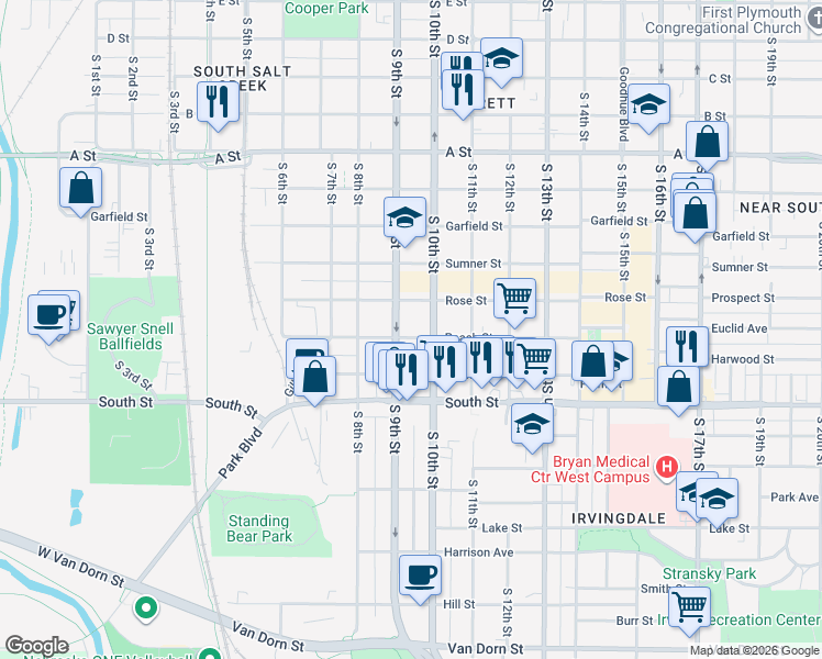 map of restaurants, bars, coffee shops, grocery stores, and more near 912 Peach Street in Lincoln