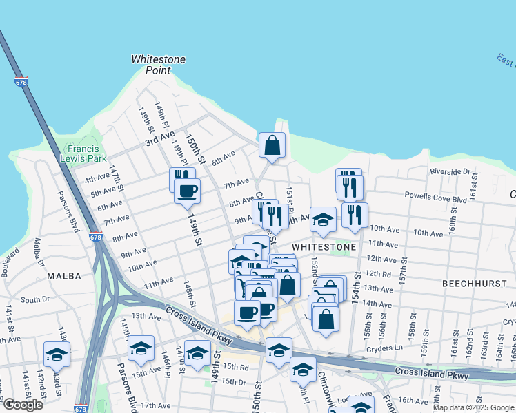 map of restaurants, bars, coffee shops, grocery stores, and more near 8-14 Clintonville Street in Queens