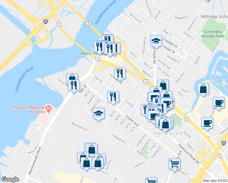 map of restaurants, bars, coffee shops, grocery stores, and more near 298 Front Street in Secaucus