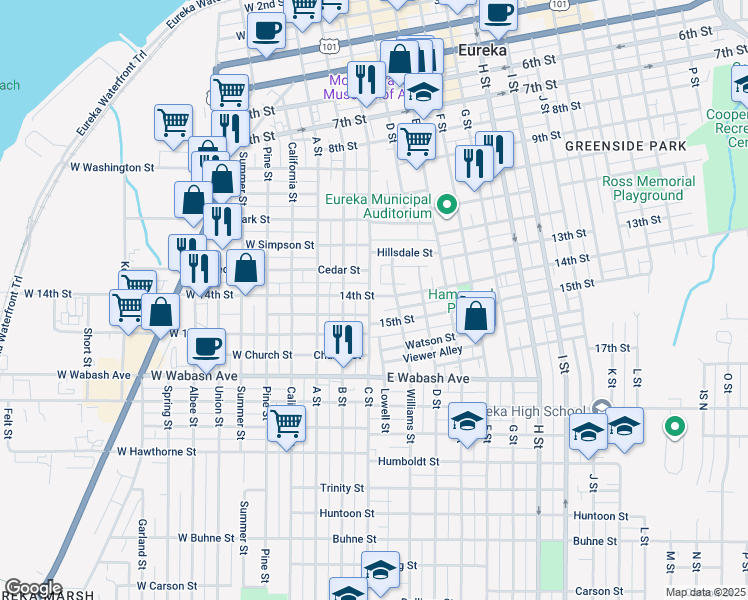 map of restaurants, bars, coffee shops, grocery stores, and more near 1401 C Street in Eureka