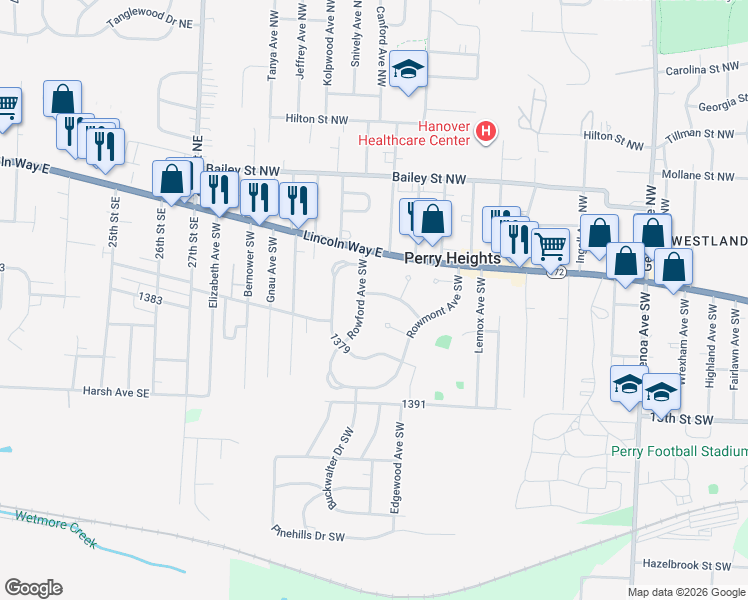 map of restaurants, bars, coffee shops, grocery stores, and more near 3109 Lynch Street Southwest in Massillon