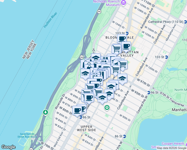 map of restaurants, bars, coffee shops, grocery stores, and more near West End Ave & W 94th St in New York