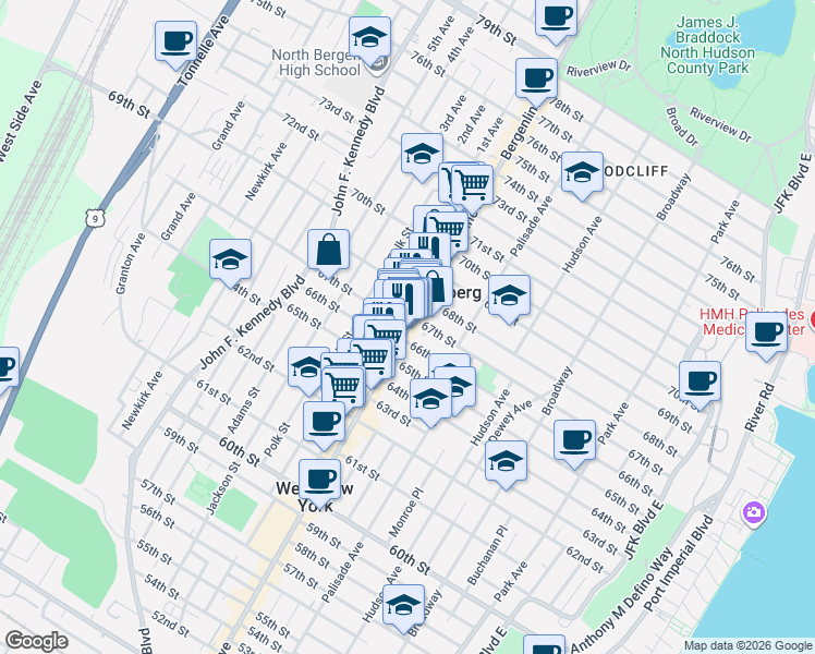 map of restaurants, bars, coffee shops, grocery stores, and more near 67th Street in West New York