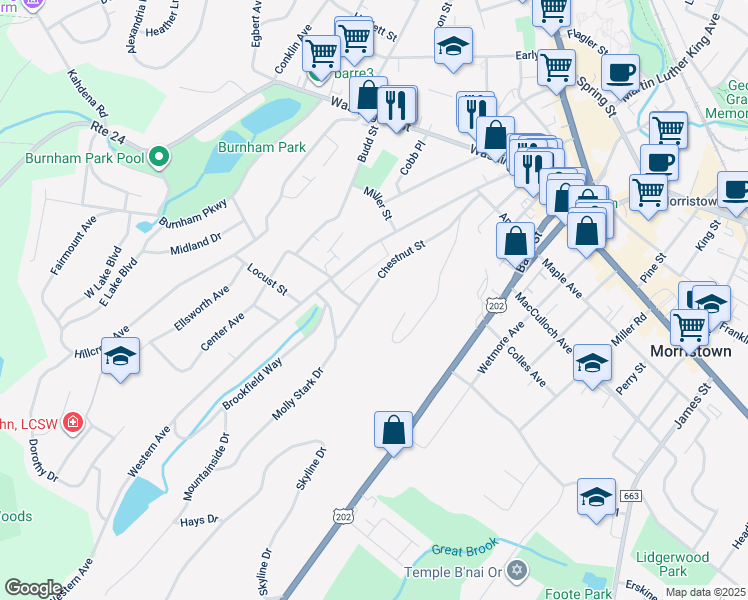 map of restaurants, bars, coffee shops, grocery stores, and more near 82 Chestnut Street in Morristown