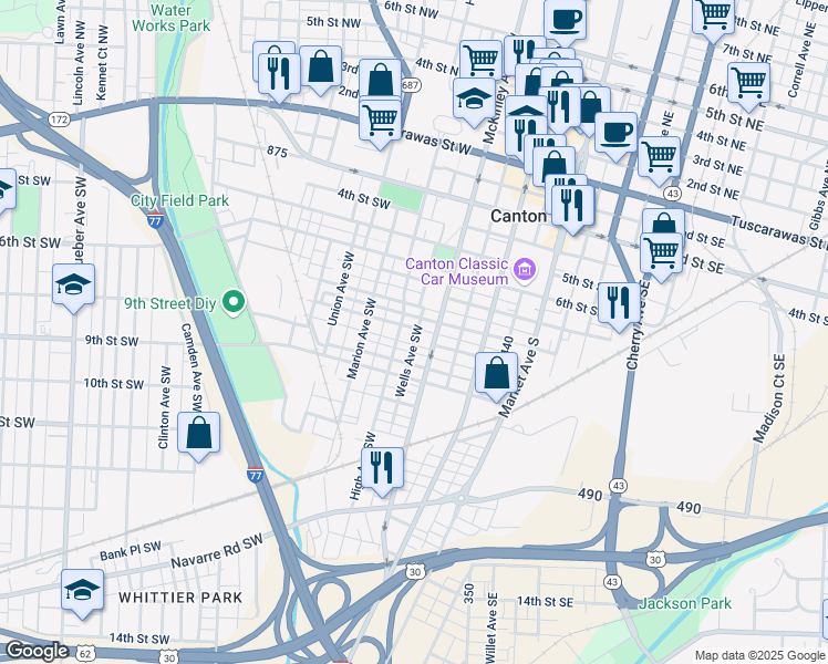map of restaurants, bars, coffee shops, grocery stores, and more near 600 Saylor Place Southwest in Canton
