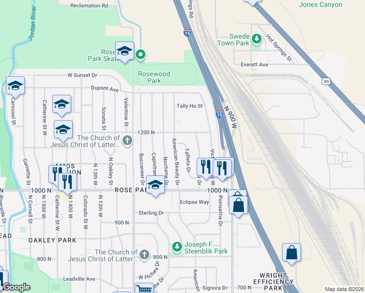 map of restaurants, bars, coffee shops, grocery stores, and more near 1139 Taffeta Drive in Salt Lake City