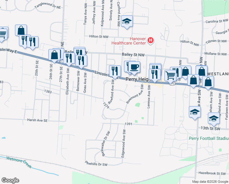 map of restaurants, bars, coffee shops, grocery stores, and more near 3109 Lynch Street Southwest in Massillon