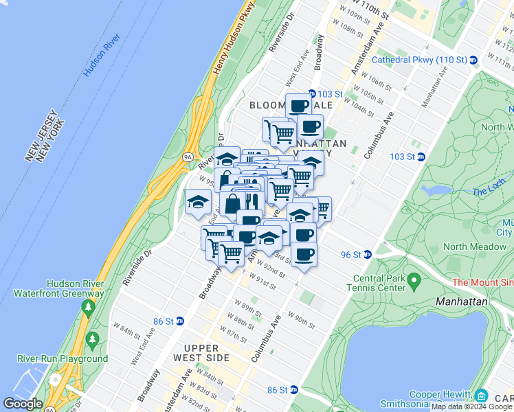 map of restaurants, bars, coffee shops, grocery stores, and more near 235 West 95th Street in New York