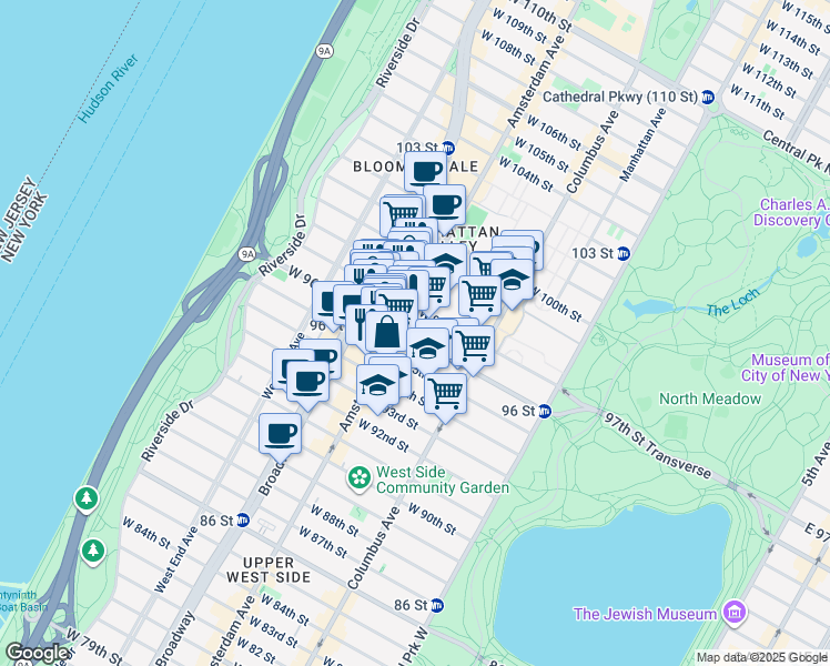 map of restaurants, bars, coffee shops, grocery stores, and more near 743 Amsterdam Avenue in New York