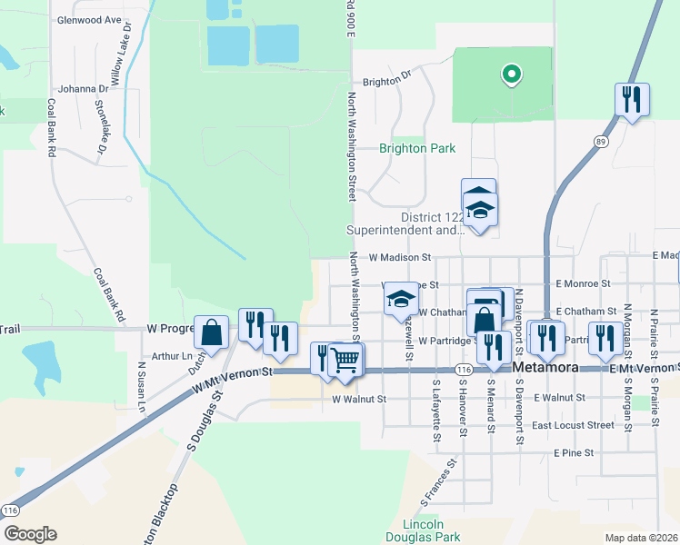 map of restaurants, bars, coffee shops, grocery stores, and more near 403 North Washington Street in Metamora