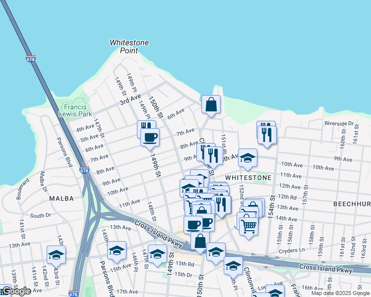 map of restaurants, bars, coffee shops, grocery stores, and more near 22 8th Avenue in Queens