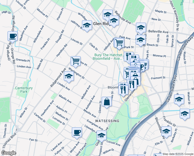 map of restaurants, bars, coffee shops, grocery stores, and more near 22 Washington Pl in Glen Ridge