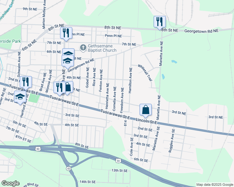 map of restaurants, bars, coffee shops, grocery stores, and more near 322 Cornelia Avenue Northeast in Canton