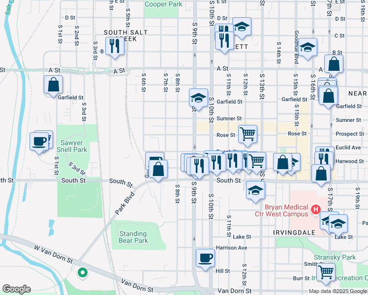 map of restaurants, bars, coffee shops, grocery stores, and more near 820 Peach Street in Lincoln