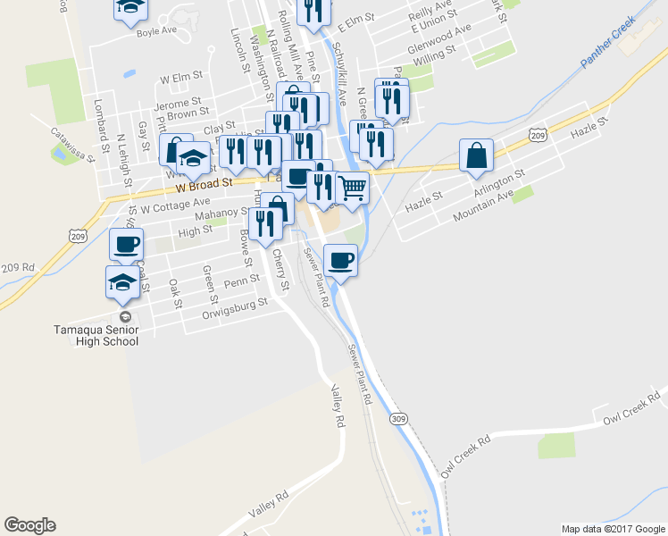 map of restaurants, bars, coffee shops, grocery stores, and more near Center Street in Tamaqua