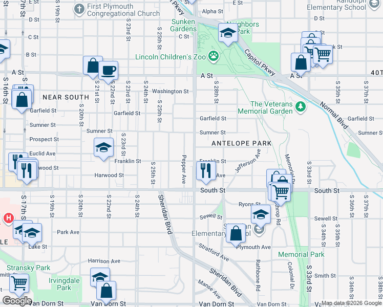 map of restaurants, bars, coffee shops, grocery stores, and more near 1835 South 27th Street in Lincoln