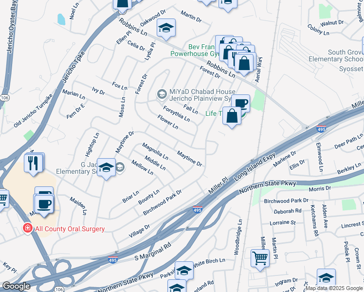 map of restaurants, bars, coffee shops, grocery stores, and more near 240 Forest Drive in Jericho