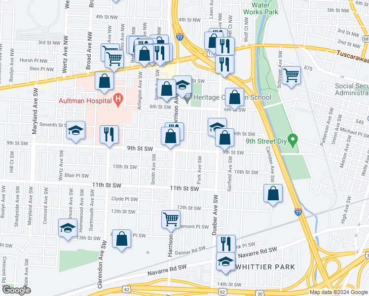 map of restaurants, bars, coffee shops, grocery stores, and more near 817 Greenfield Avenue Southwest in Canton